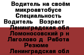 Водитель на своём микроавтобусе › Специальность ­ Водитель › Возраст ­ 32 - Ленинградская обл., Ломоносовский р-н, Лаголово д. Работа » Резюме   . Ленинградская обл.